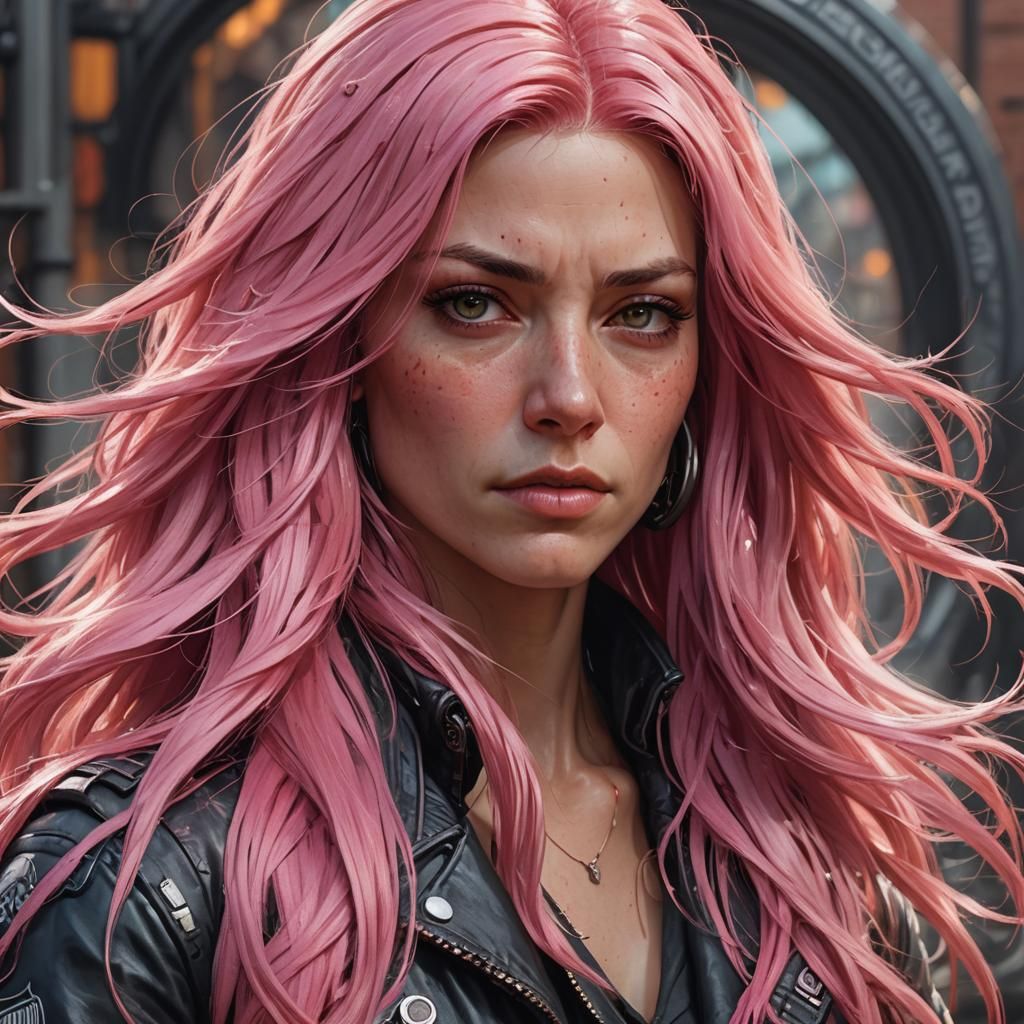 Pink-Haired Biker Chick Portrait in Art Nouveau Style