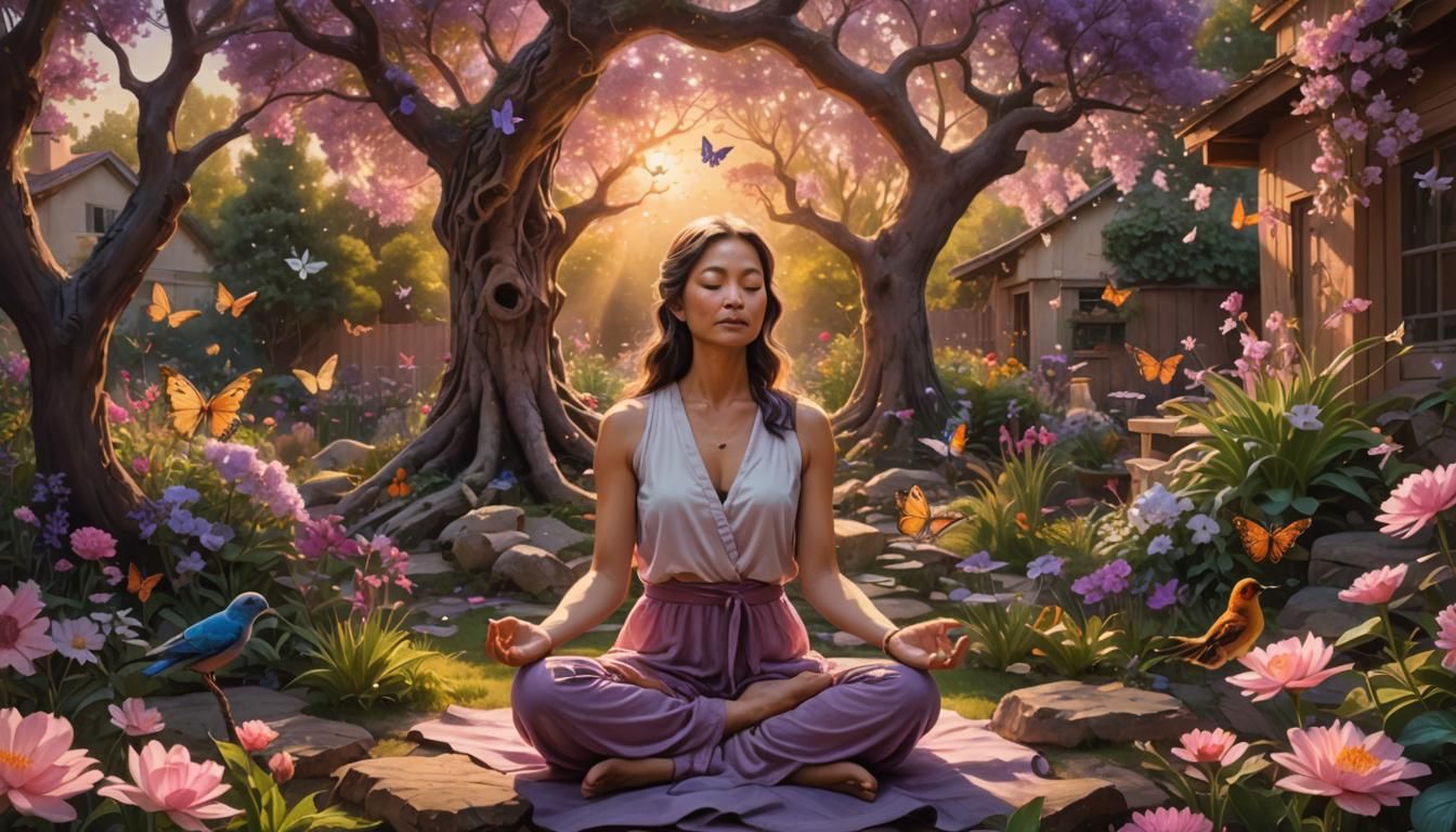 Woman Meditating in Vibrant Backyard Garden Painting