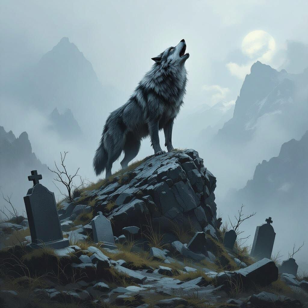 Dire Wolf's Mournful Howl on Misty Mountain Peak