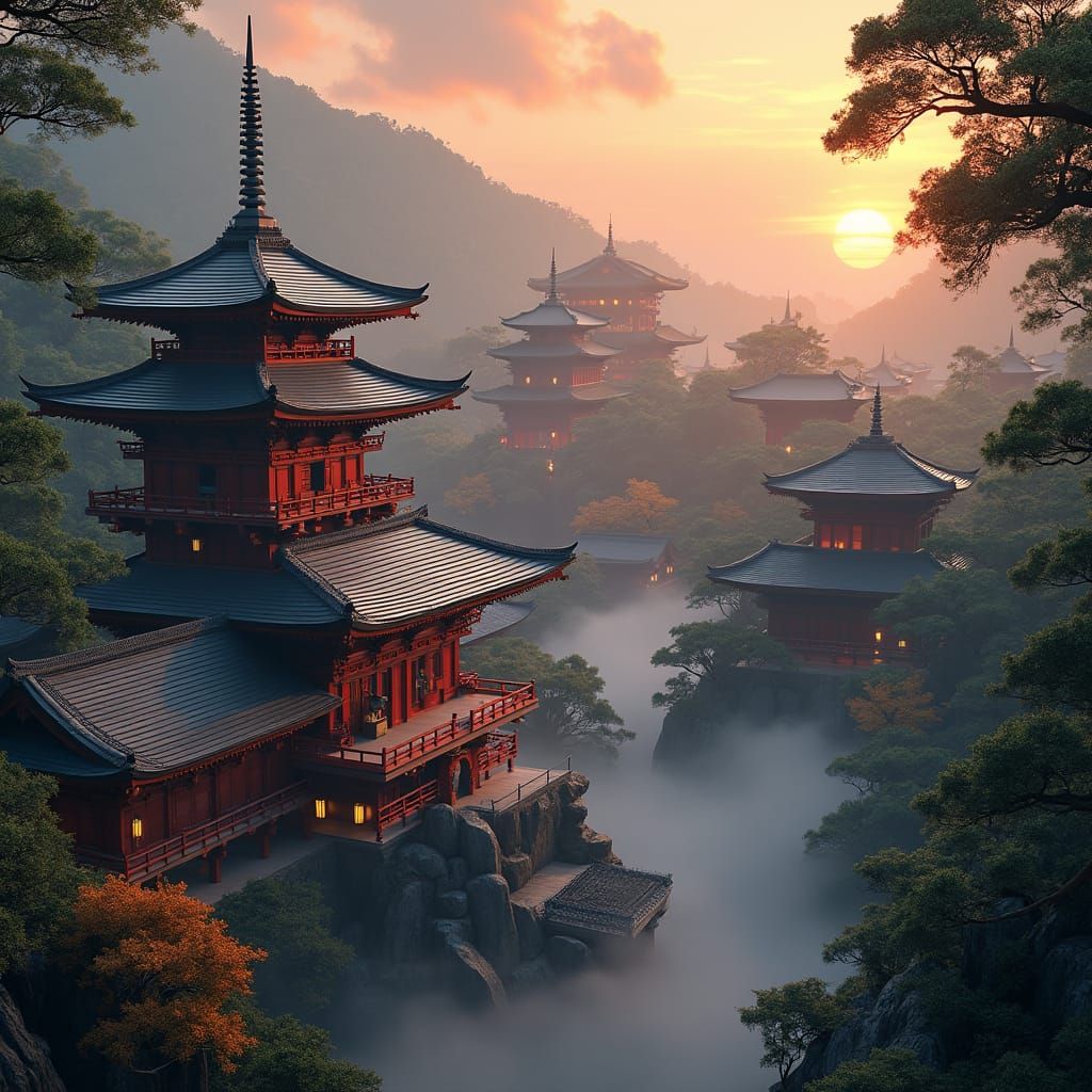 Mystical Japanese Temple Complex at Sunset, Matte Painting