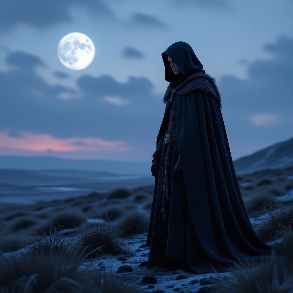 Hyperrealistic Figure on Windswept Moor in Twilight