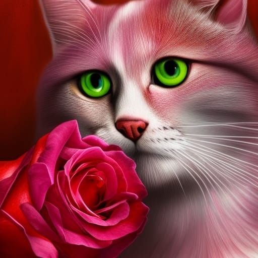 Cat Smelling Shimmering Rose: Detailed Matte Painting