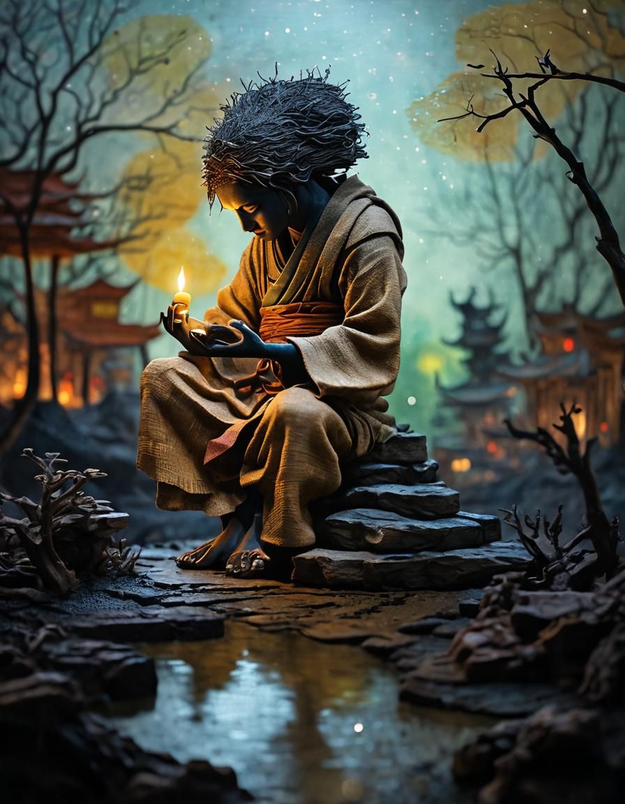 Meditating Monk in Bonsai Village: Watercolor and Ink