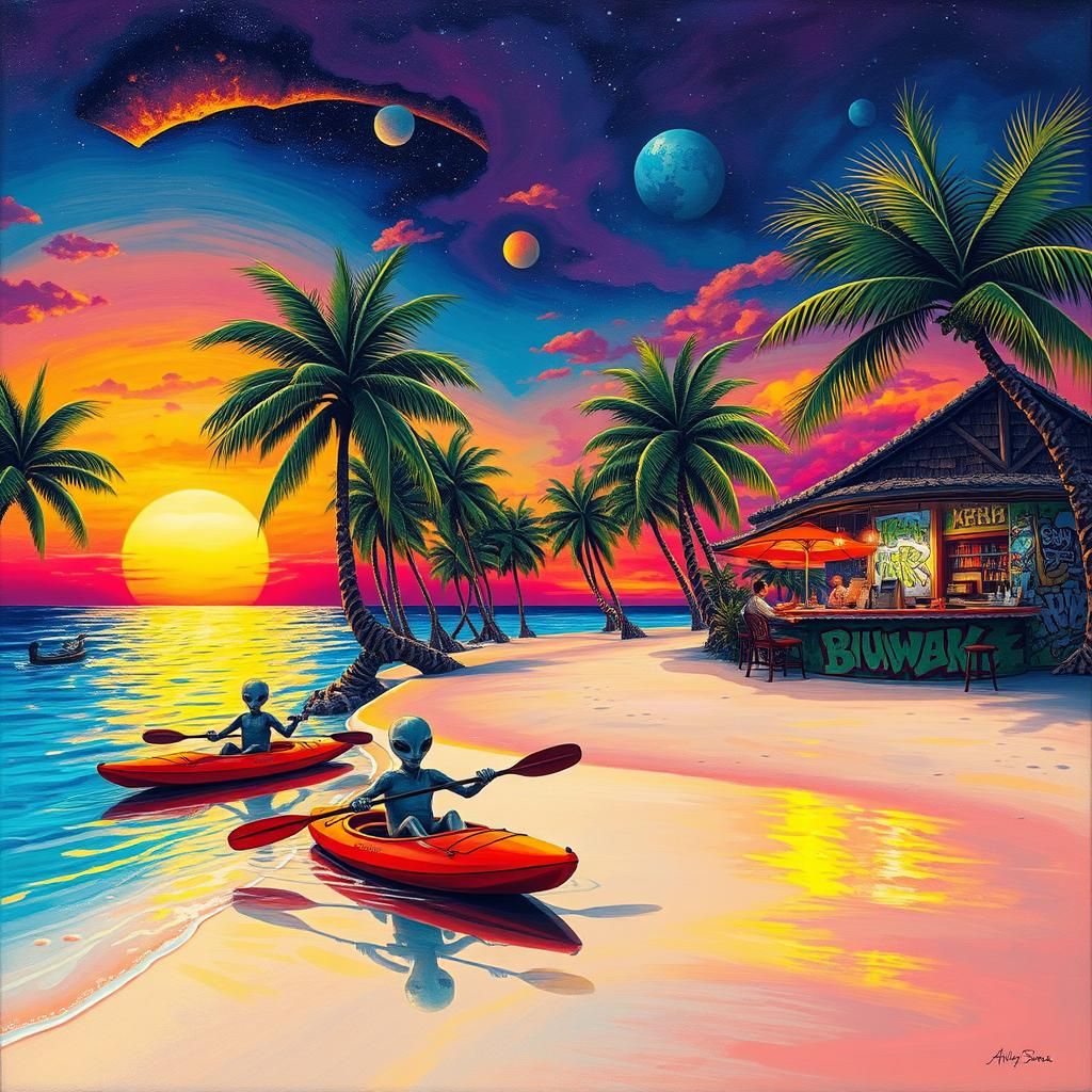 Alien Beach Sunset: A Surrealist Tropical Dreamscape