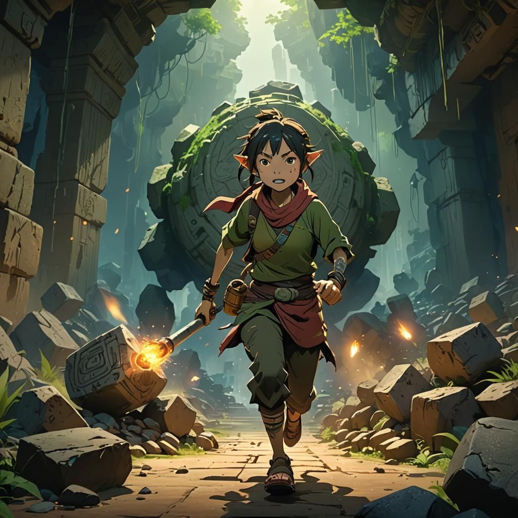 Goblin Escape: Anime Key Visual in Temple Ruins