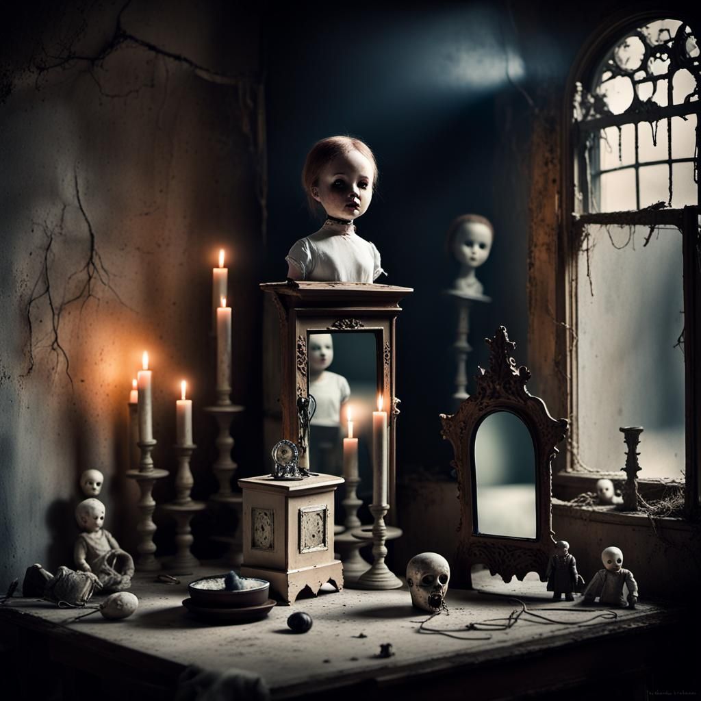 Dark Surrealism: Haunted Doll and Ghostly Mirror