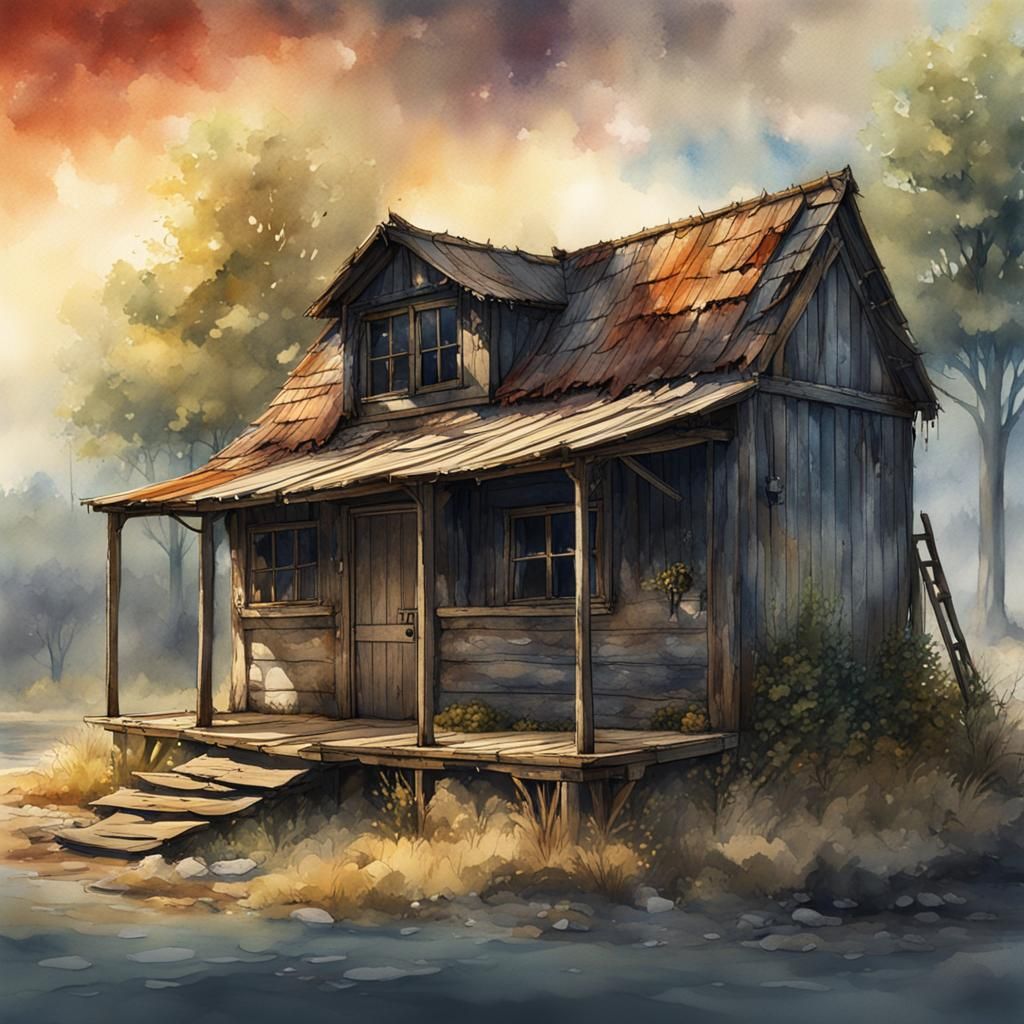Weathered Shack in Detailed Watercolor Art