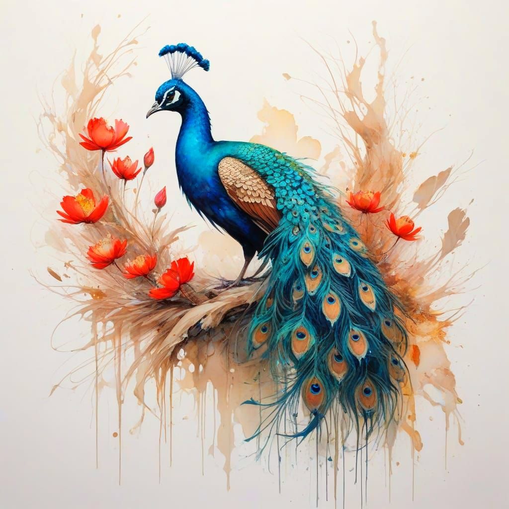 Ethereal Peacock Unfurls Its Iridescent Tail Amidst Sunset's...