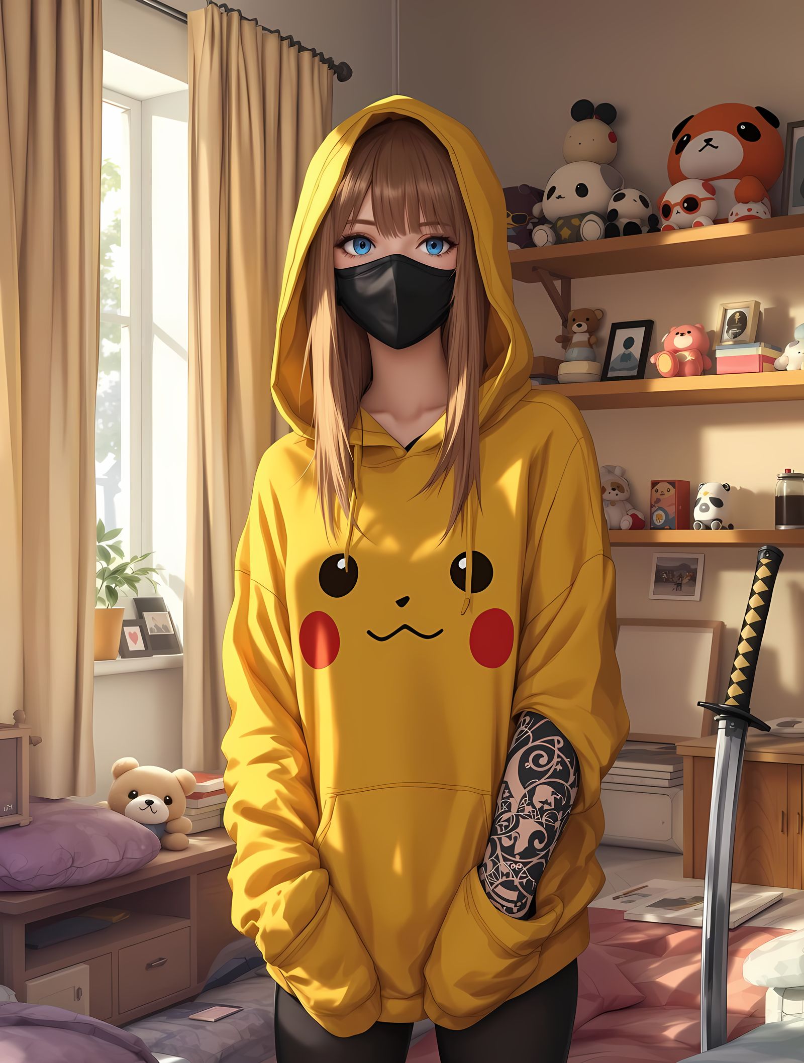 Anime-Inspired Woman in Cozy Bedroom Setting