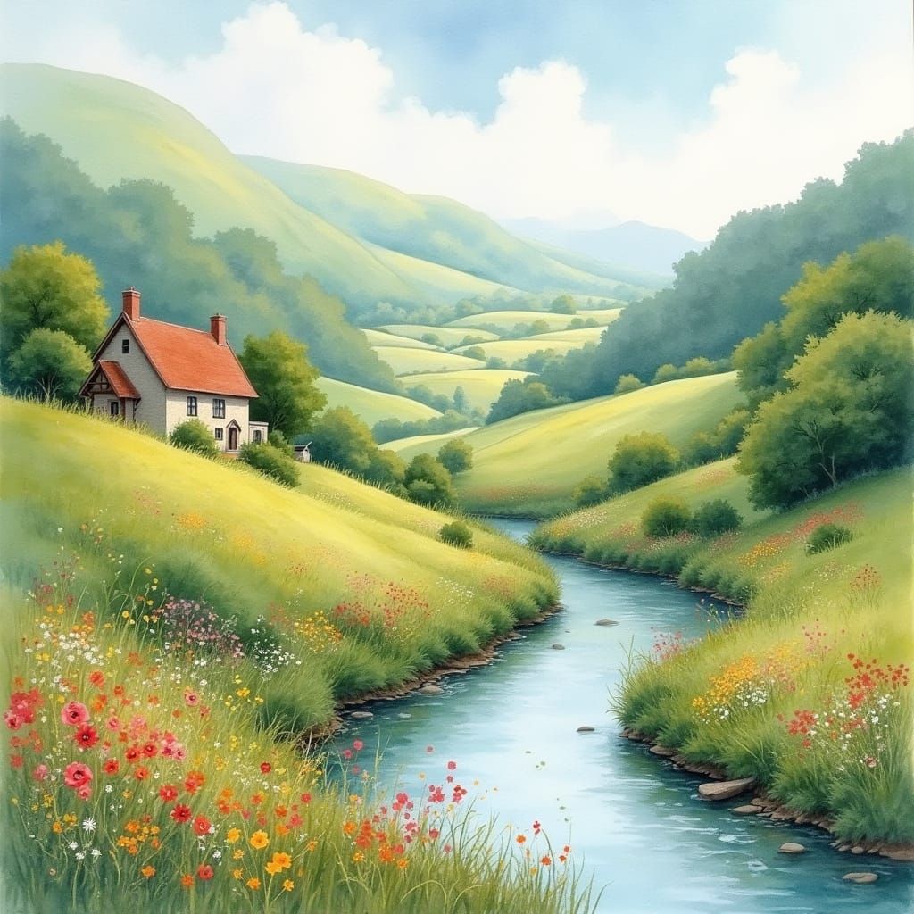 Dreamy Watercolour Valley with Whimsical Cottage