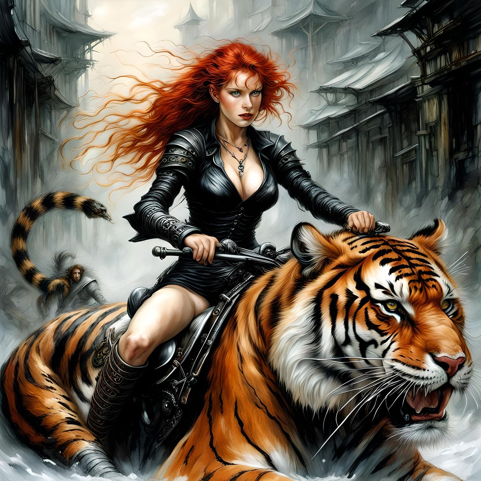 Fantasy Woman Rides Tiger in Dark Fantasy Style