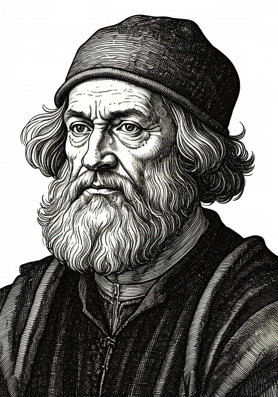 Ink drawing, crosshatching portrait of Albrecht Durer