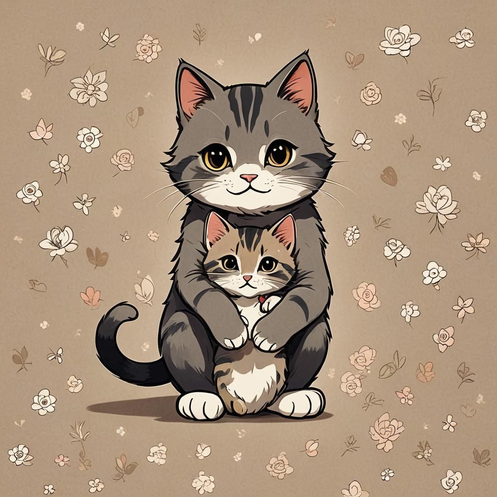 Mother Cat and Kitten in Anime Chibi Style