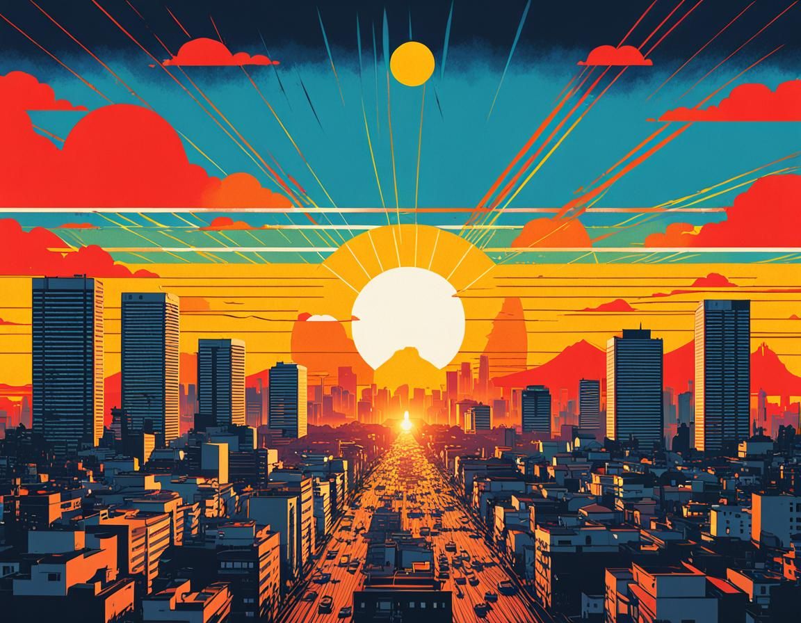 Tokyo Sunset: Pop Art Screen Print in Bauhaus Style