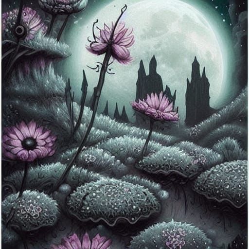 Gothic Pastel Floral Moon Landscape in Fantasy Style