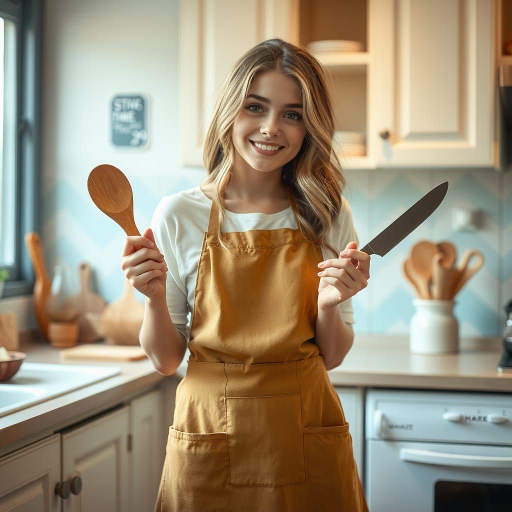 Woman in Apron with Kitchen Utensils
