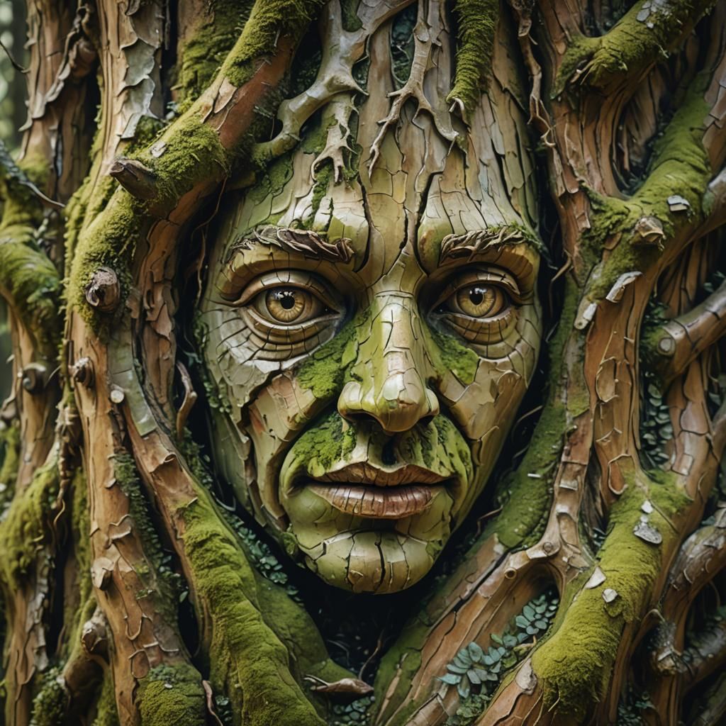 Moss-Covered Face in Tree Bark: Surreal Oil Painting
