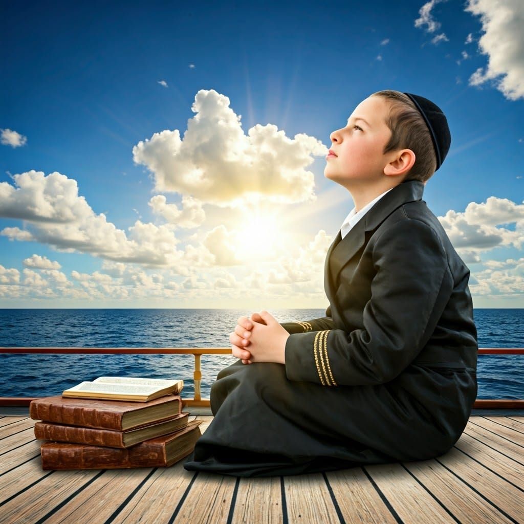 Contemplative Jewish Boy on Sailing Ship Deck