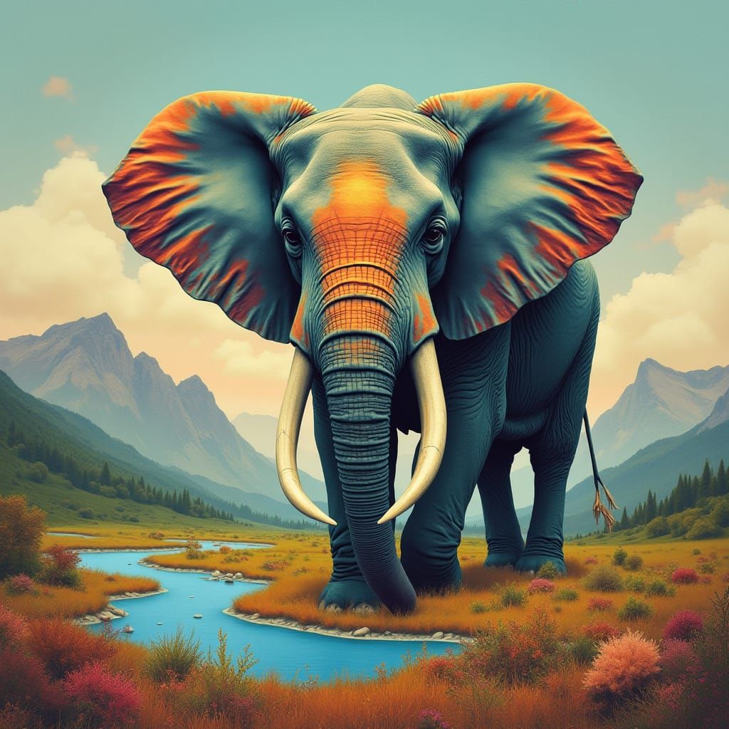 Surrealist Elephant Meets Logo in Dreamlike Landscape