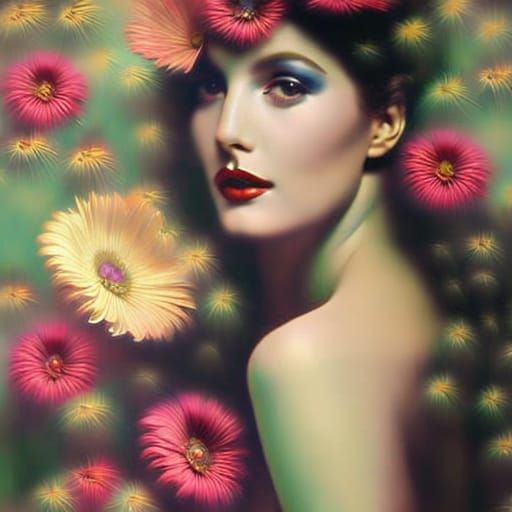 Retro-Futuristic Wildflower Poster with Girl in Rococo Style
