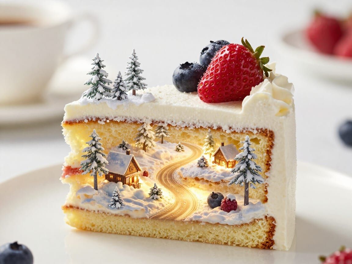 Exquisite Cake Slice With Hidden Winter Fantasy World