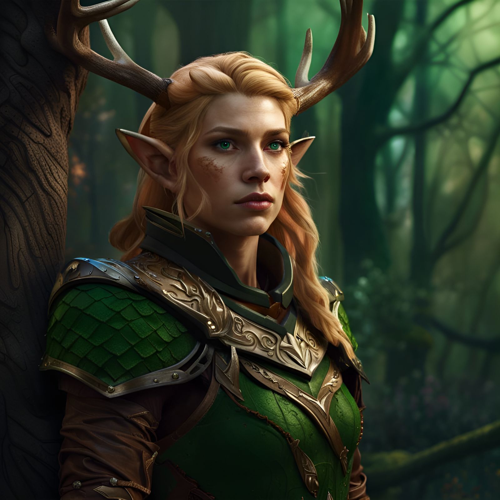 Wood Elf Ranger in Forest, Detailed Fantasy Art