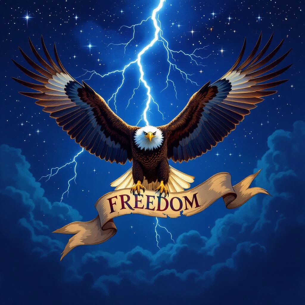 Majestic Eagle Soars Through Starry Sky with Lightning and F...