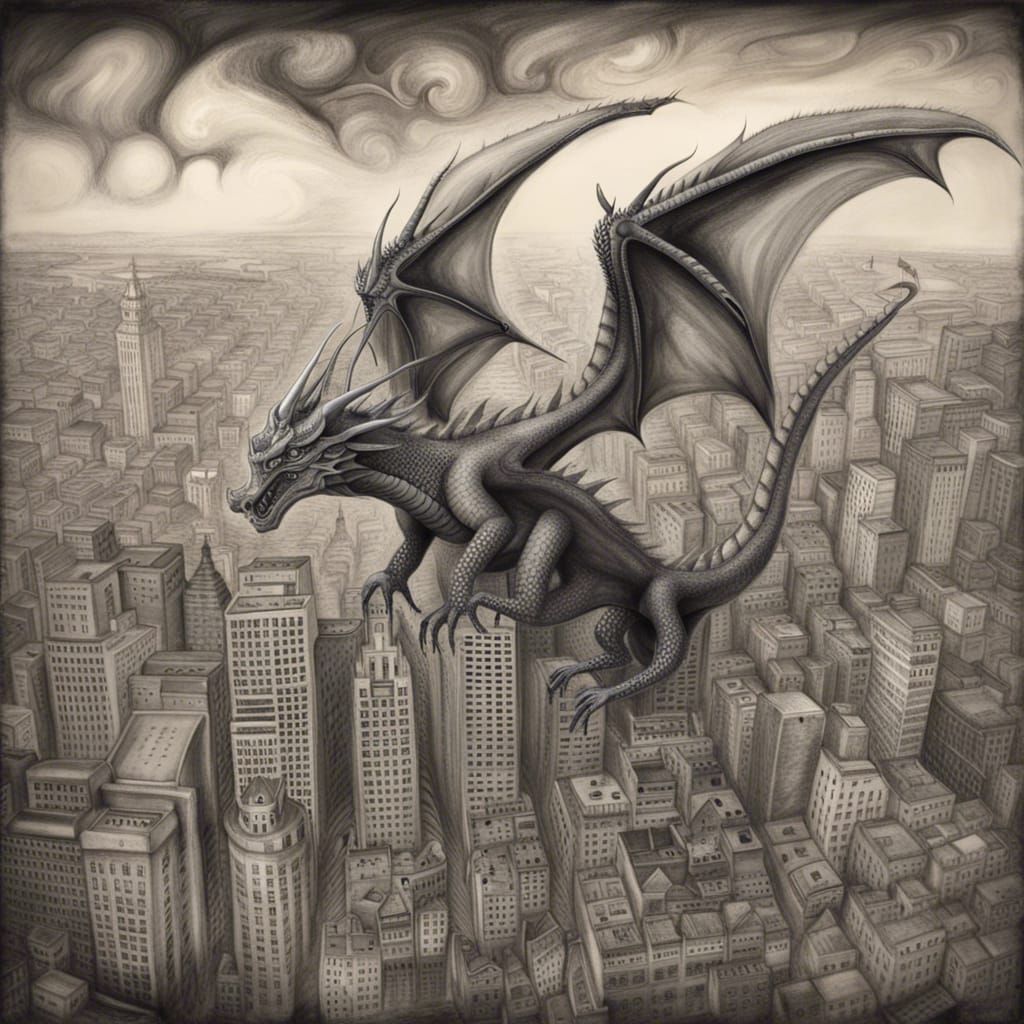 Dragon Soaring Over City: Detailed Charcoal Drawing