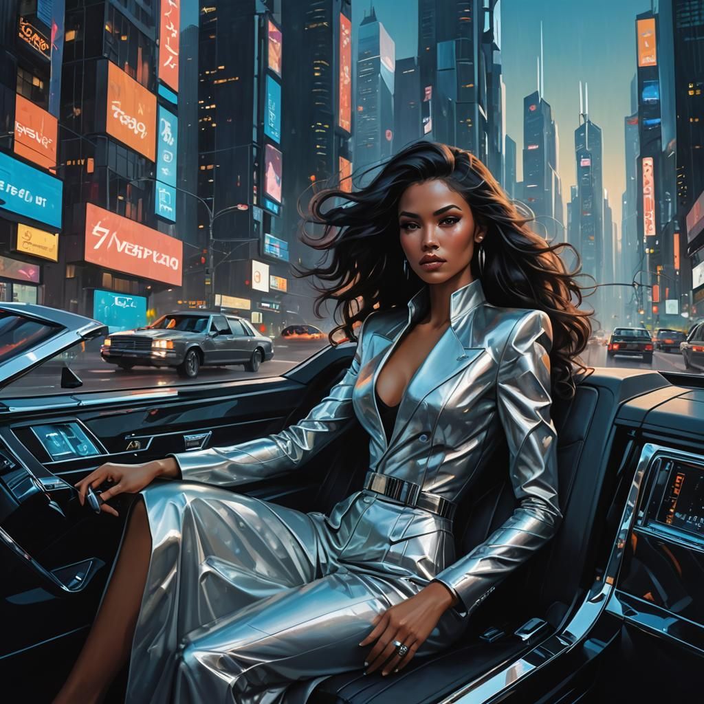 Cyberpunk Woman Driving a Futuristic Limousine