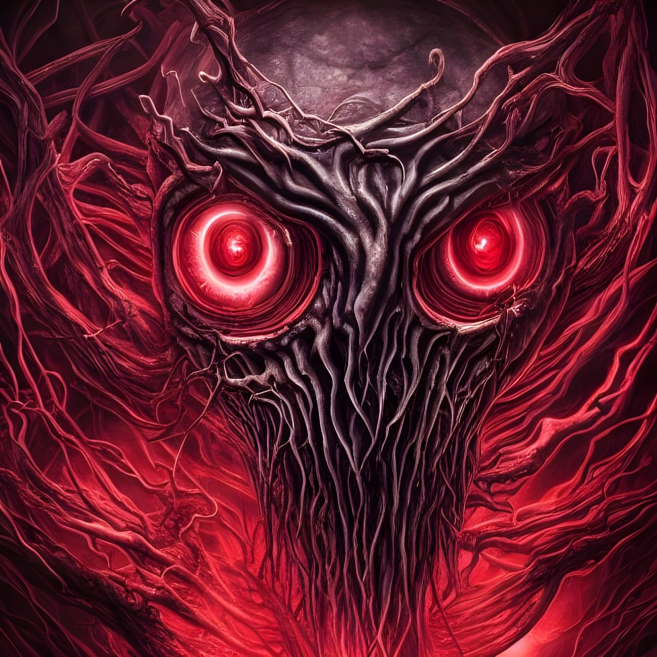 Terrifying Eldritch Horror in Darkness with Red Eyes