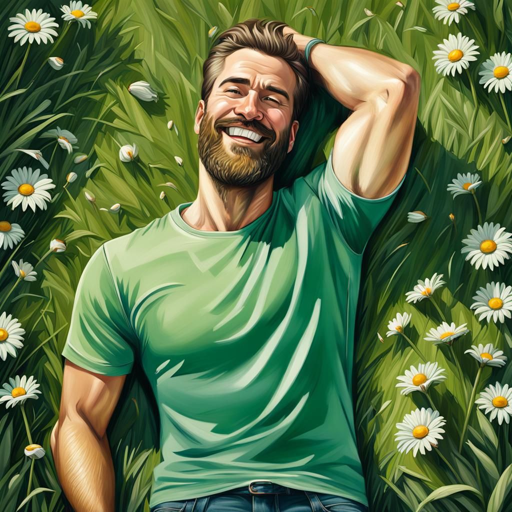 Bearded Man Relaxing on Grass in Digital Painting