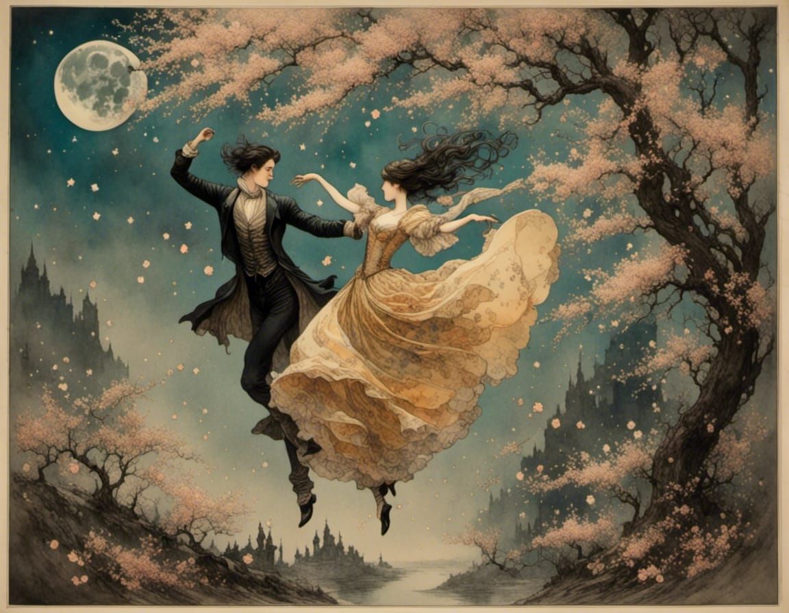 Couple Dancing in Cherry Blossoms: Watercolor Silhouette