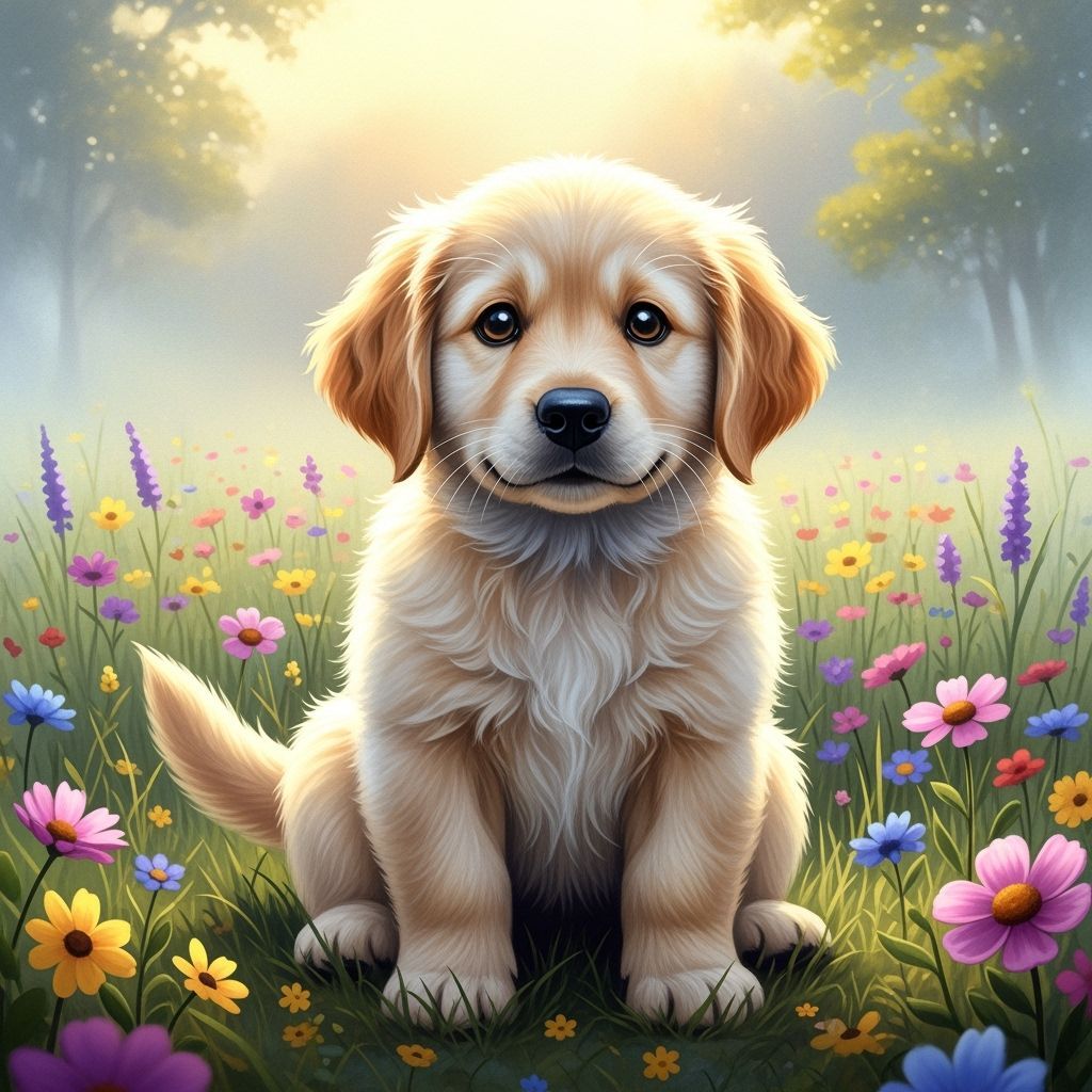 Golden Retriever Puppy in Wildflower Field Digital Painting