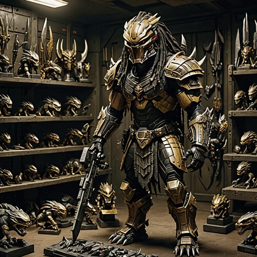 Yautja Predator in His Armory with Trophies