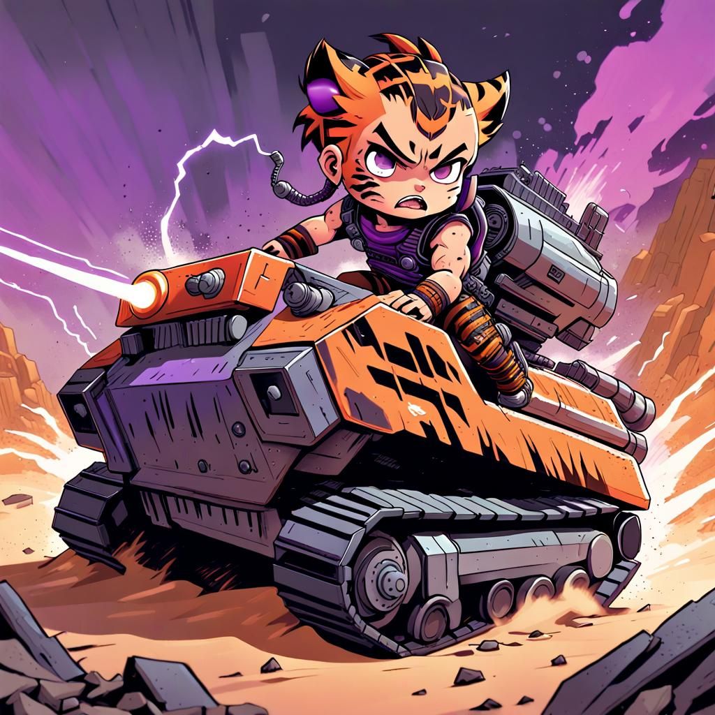 Chibi Space Pirate Races Tiger Tank in Cyberpunk Wasteland