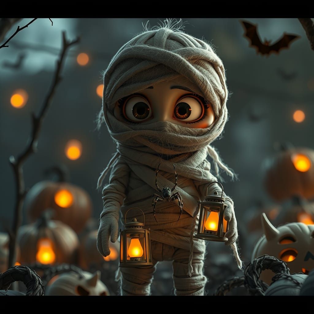 Halloween Mummy with Lanterns and Cobwebs