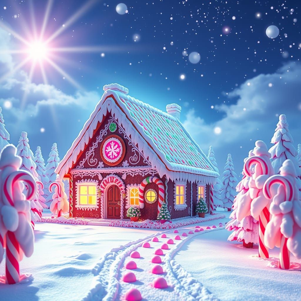 Gingerbread House in Synthwave Winter Wonderland