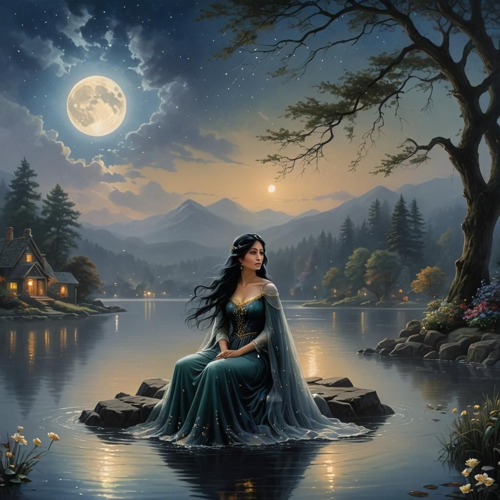 Ethereal Woman in Lake at Night, Fantasy Art