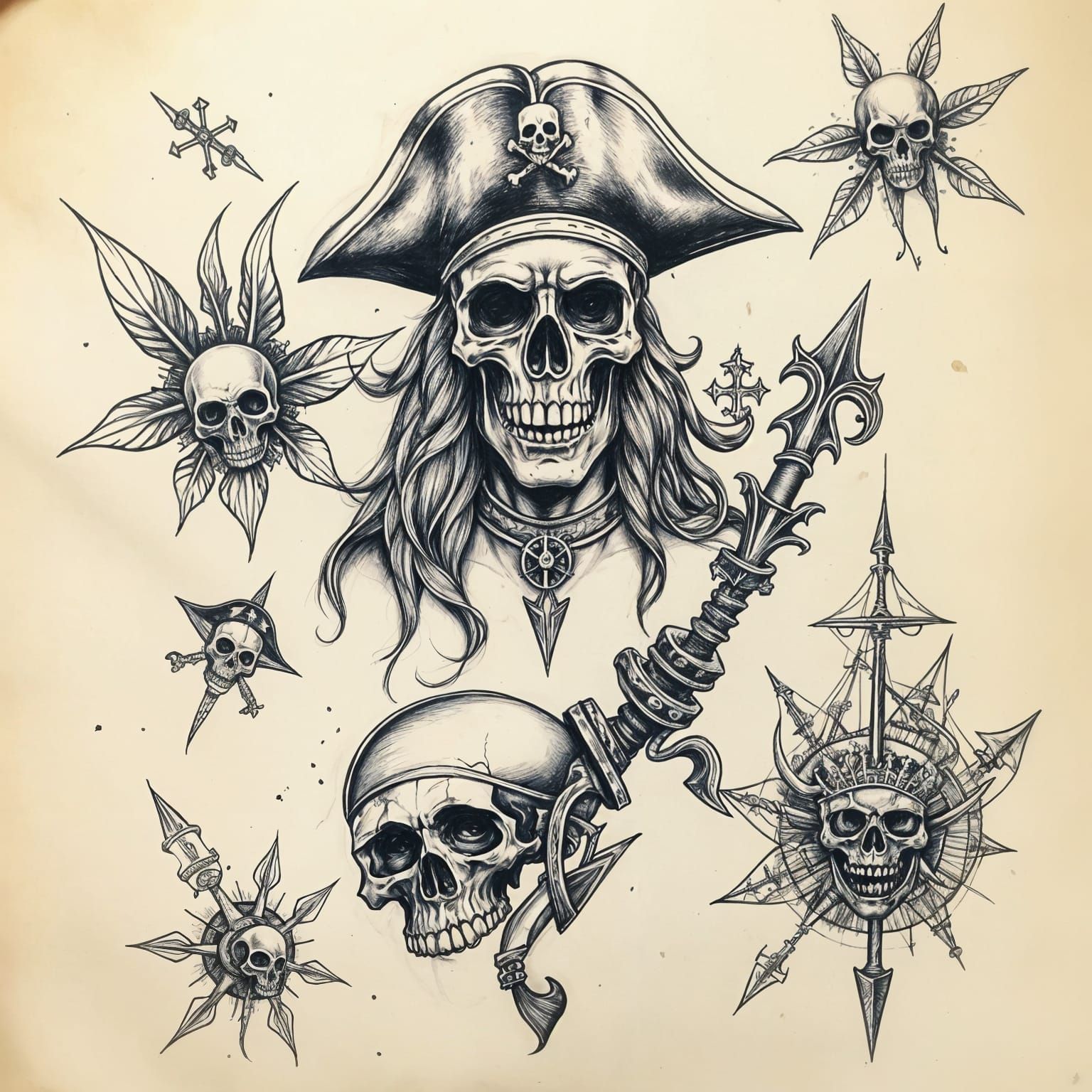Detailed Pirate Tattoo Designs in Charcoal