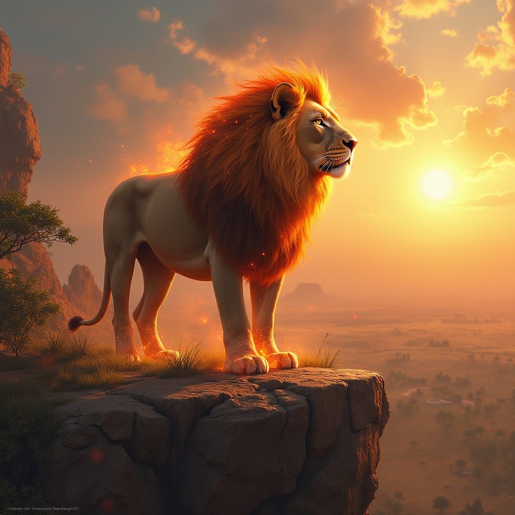 Lion with Flaming Mane on Savannah Cliff