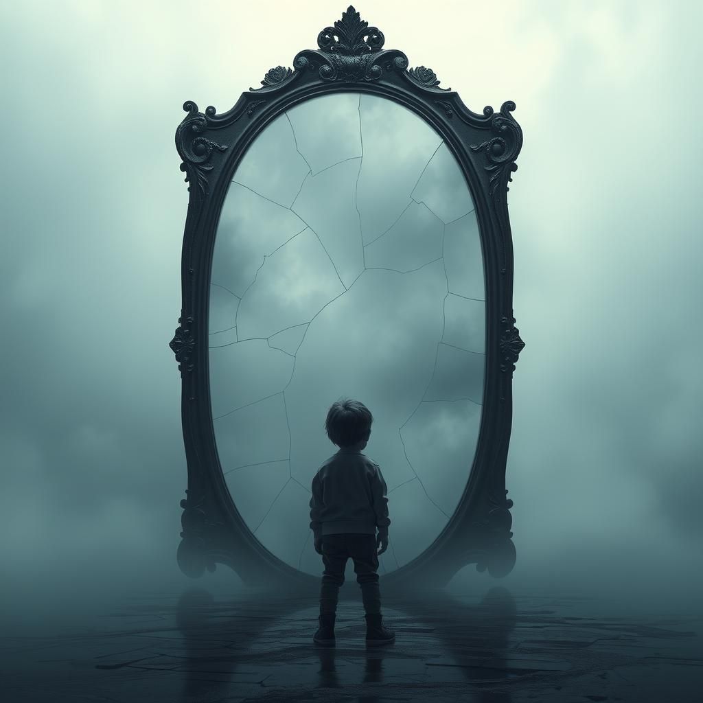 Child Gazing into Distorted Mirror in Monochrome Style