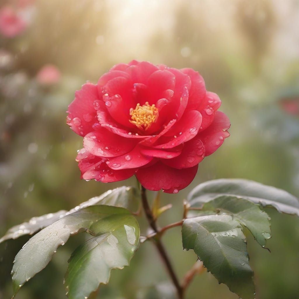 Vibrant Middlemist Red Camellias in a Serene Garden