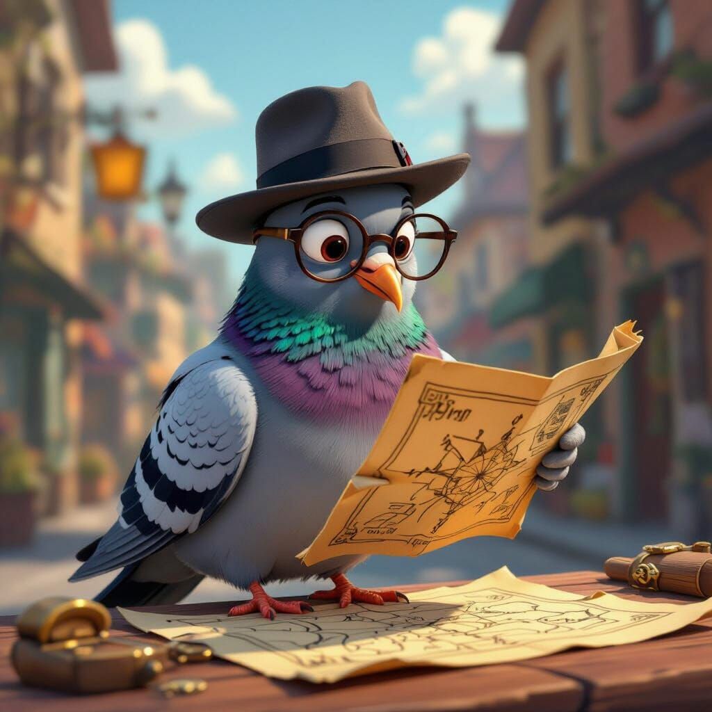 Pigeon Detective with Treasure Map in 3D Cartoon Style