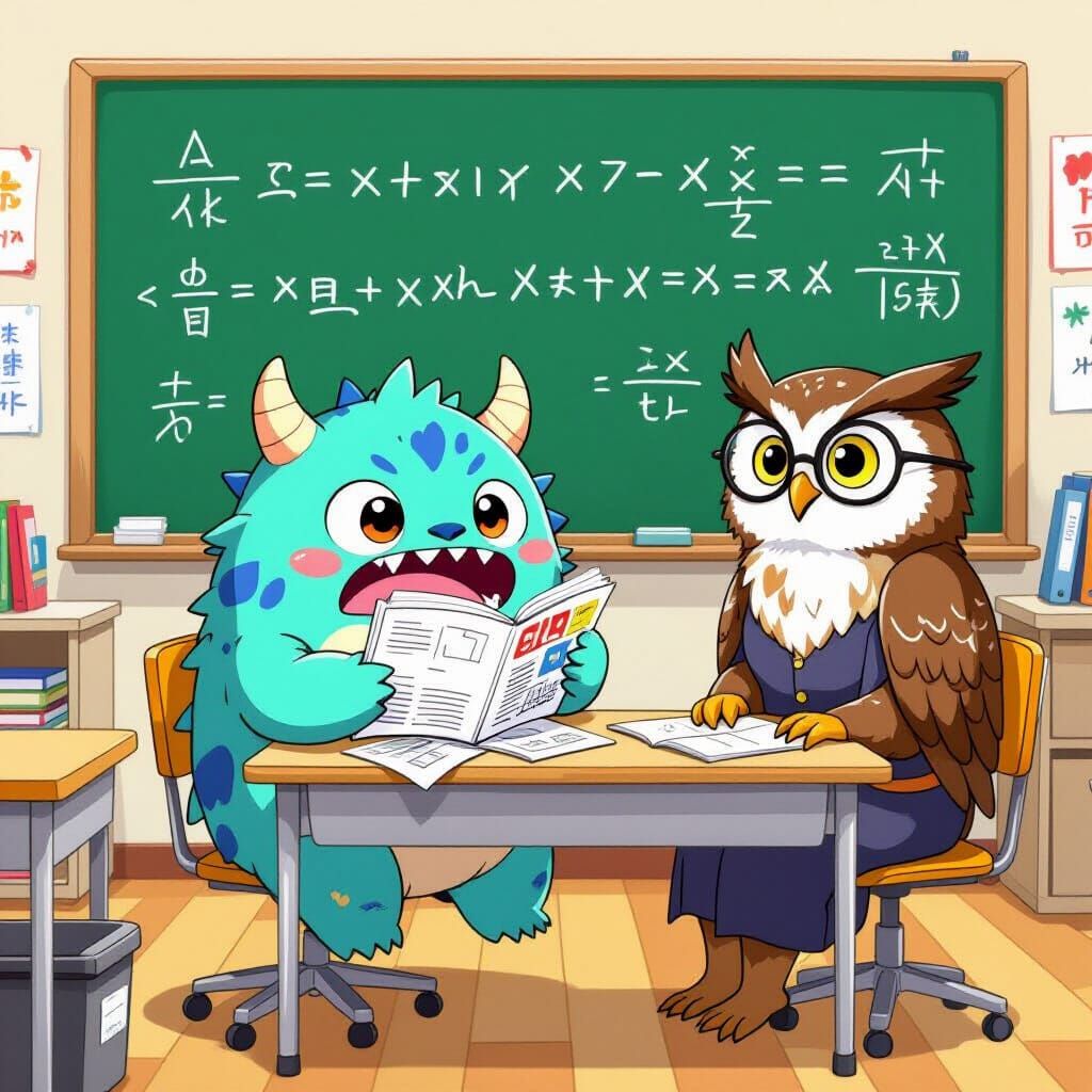 Cute Monster Chewing Book in Anime Style Classroom