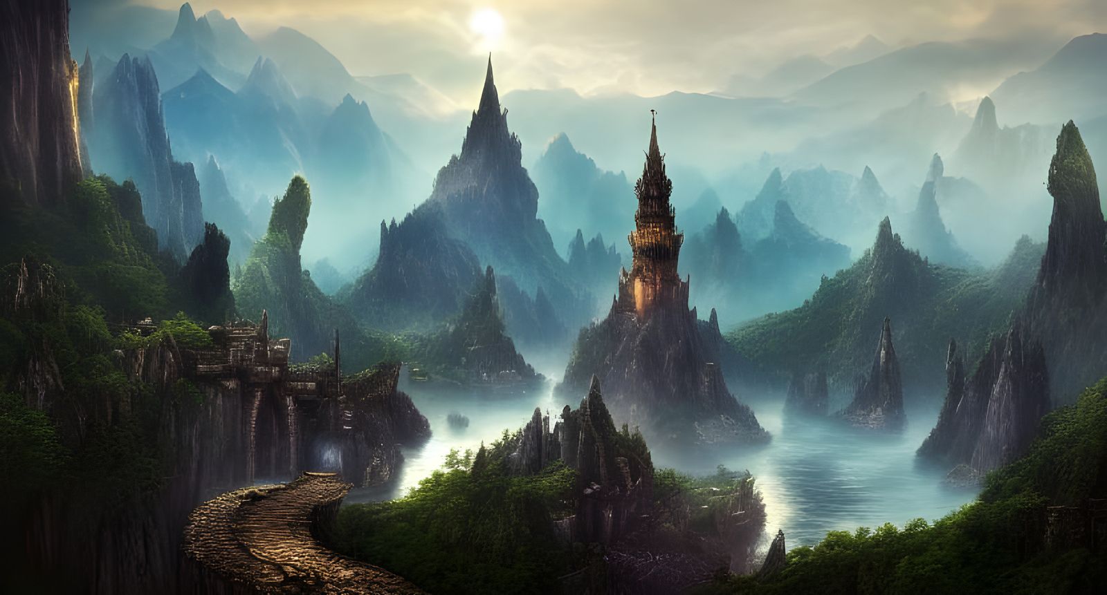 Majestic Fantasy Landscape with Wizard's Tower