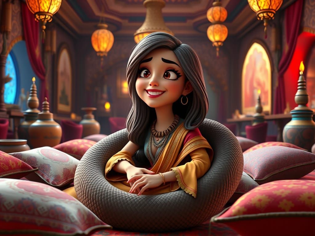 Woman Hypnotized by Snake in Cartoon 3D Style