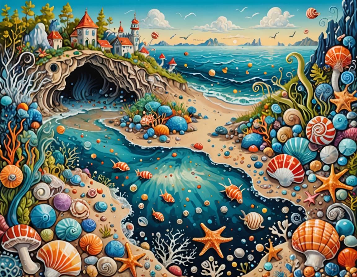 Surrealistic Shore Landscape with Exotic Sea Creatures