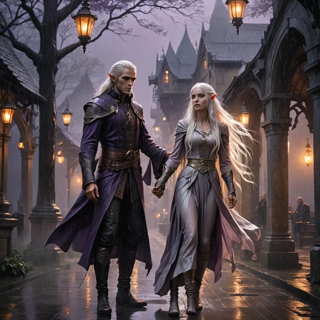 Romantic Elf Embrace in Rainy Gothic City