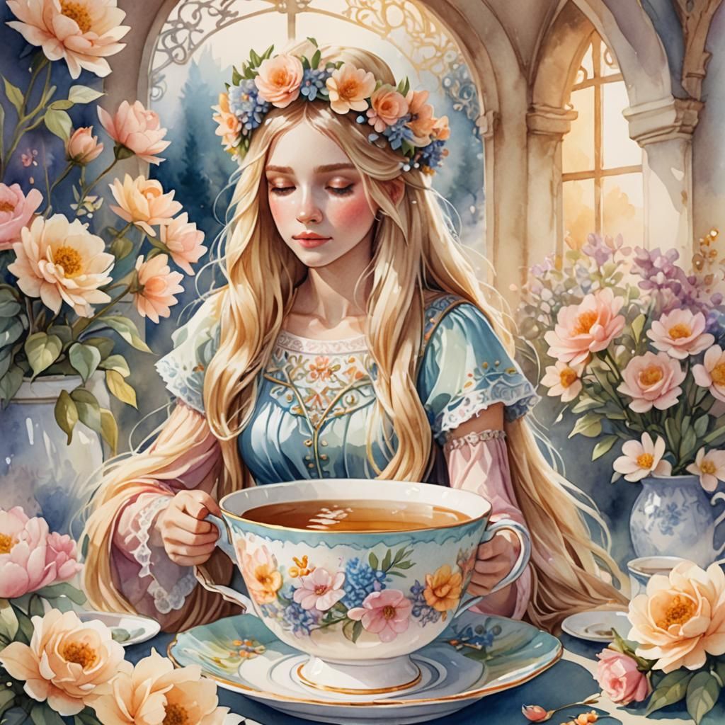 Dreamy Girl in Teacup Watercolor Illustration