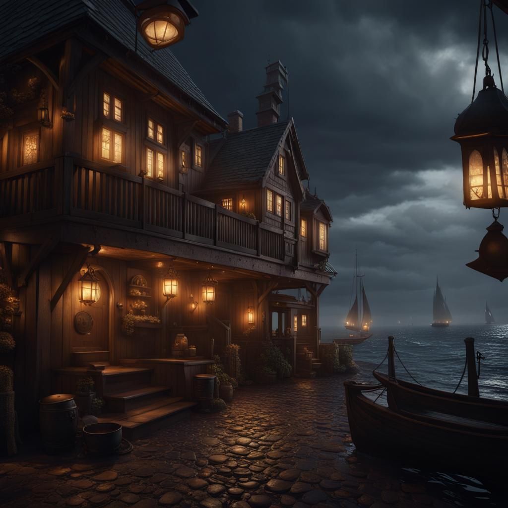 Harbor-Side Inn with Warm Light in Fantasy Art